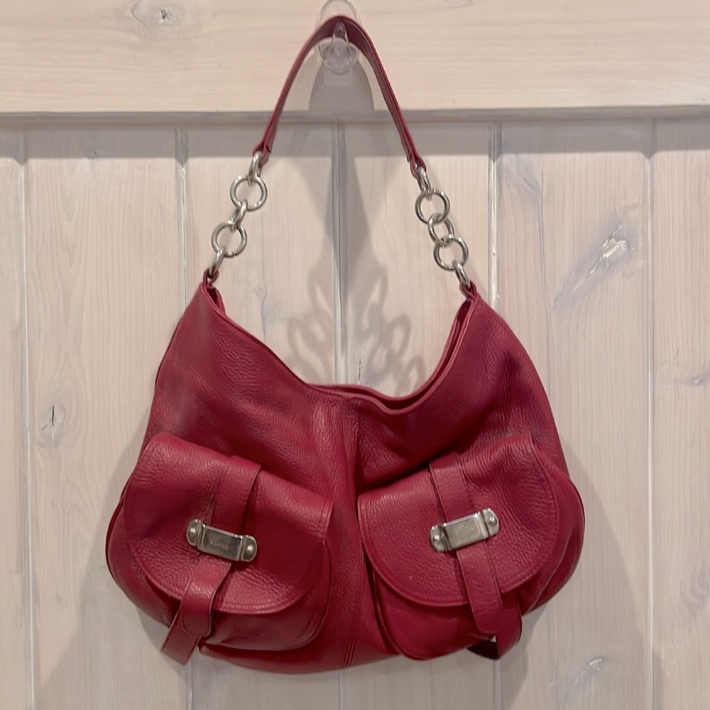 Red leather Furla hobo bag with exterior pockets